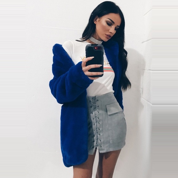 Faux Fur Notched Lapel Cardigan Coat w Pockets - Picture 5 of 7